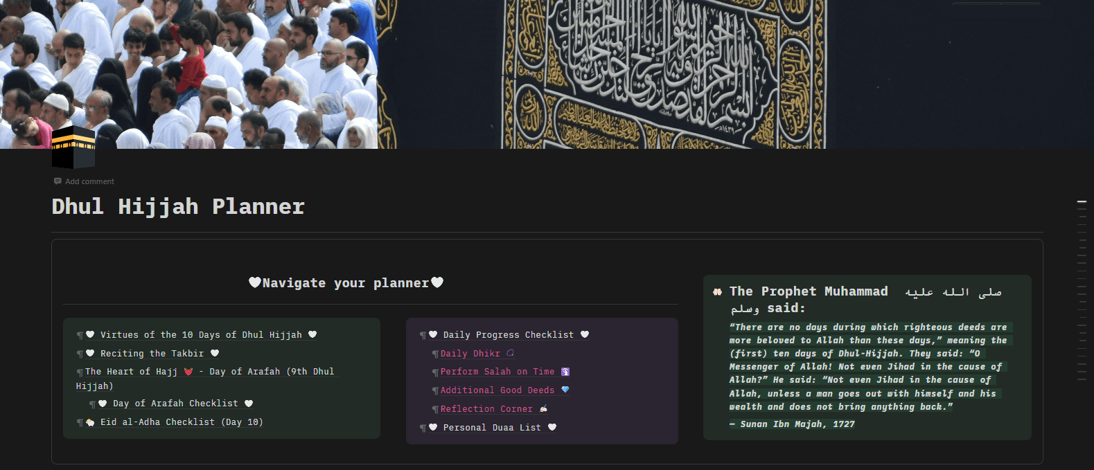 Dhul-Hijjah Notion planner preview with worship checklists, daily progress, and personal dua sections
